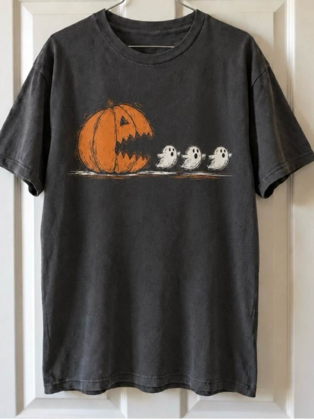 Gildan Black Short Sleeve Tee with Orange Pumpkin and White Ghosts